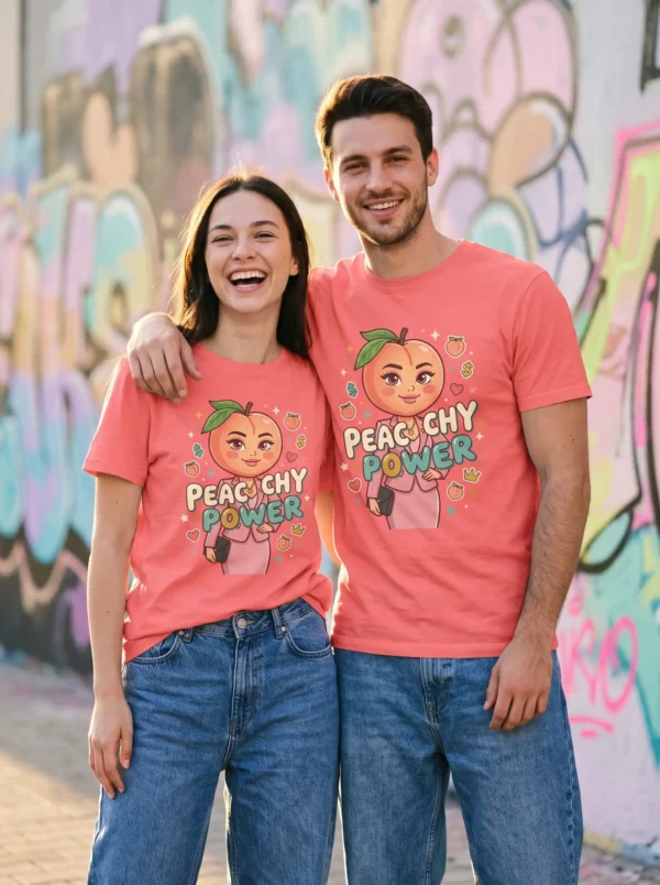 مدل کاپل با تیشرت با طرح خانم هلو (نسخه Peachy Power)
