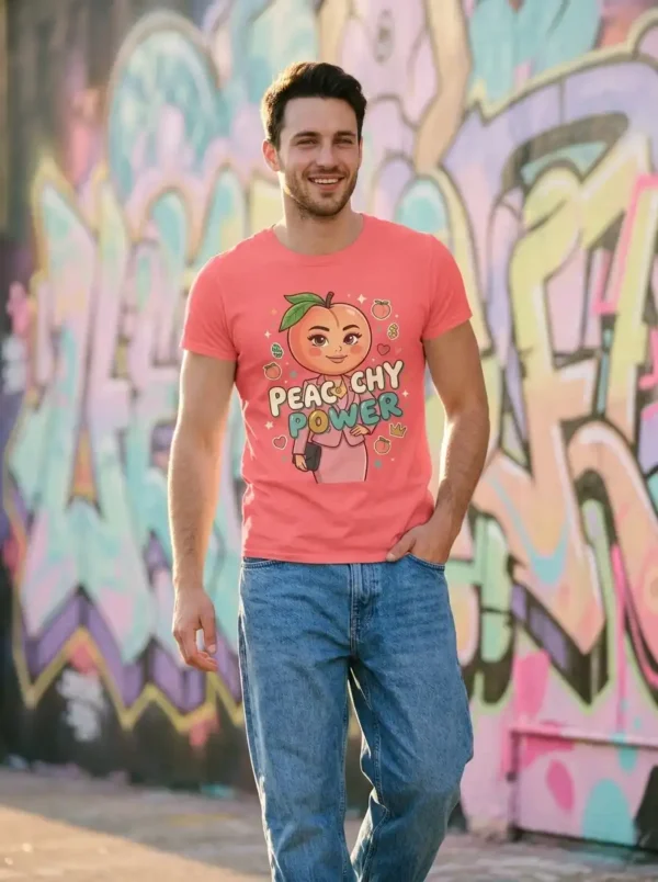 مدل مرد با تیشرت با طرح خانم هلو (نسخه Peachy Power)