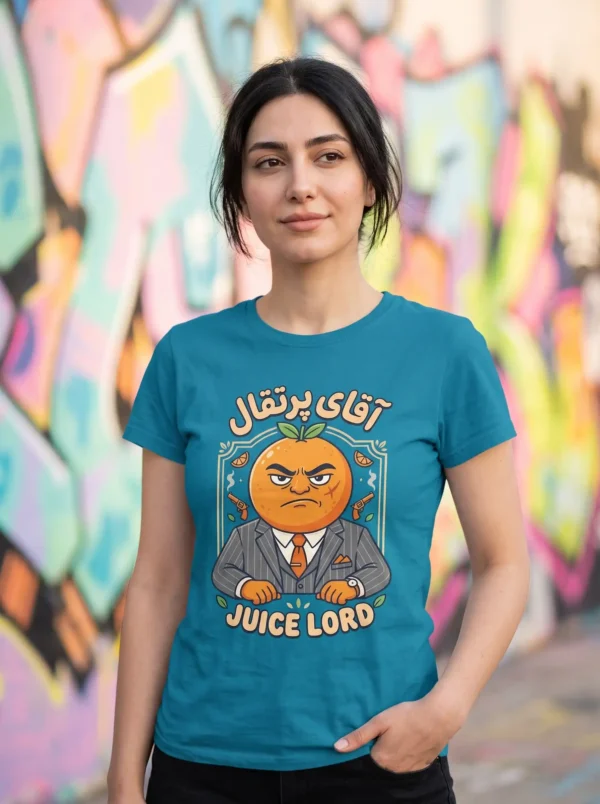 مدل دختر با تیشرت با طرح آقای پرتقال (نسخه Juice Lord)