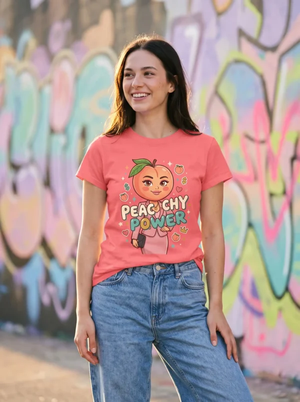 مدل دختر با تیشرت با طرح خانم هلو (نسخه Peachy Power)
