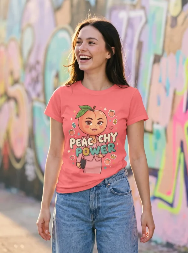 مدل دختر با تیشرت با طرح خانم هلو (نسخه Peachy Power)